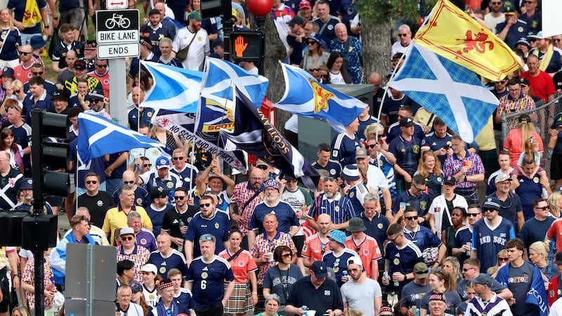 Scotland soccer fans take part in the Tartan Army March, making their way to Fenway Park ahead...