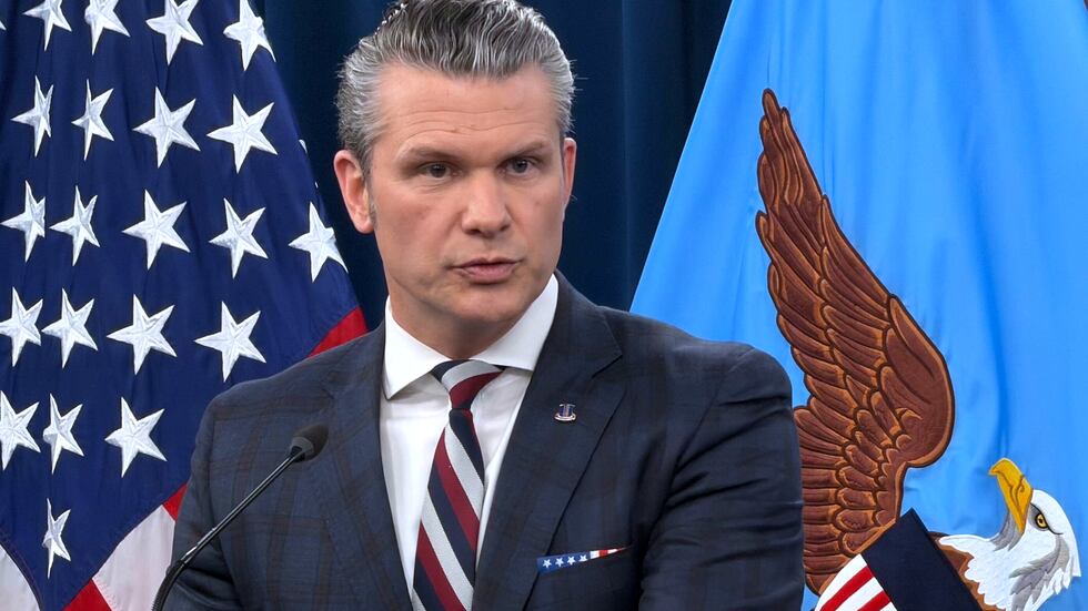 Defense Secretary Pete Hegseth speaks during a press briefing at the Pentagon, Wednesday,...
