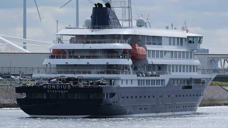 The MV Hondius cruise ship arrives at the Port of Rotterdam, Netherlands, Monday, May 18,...