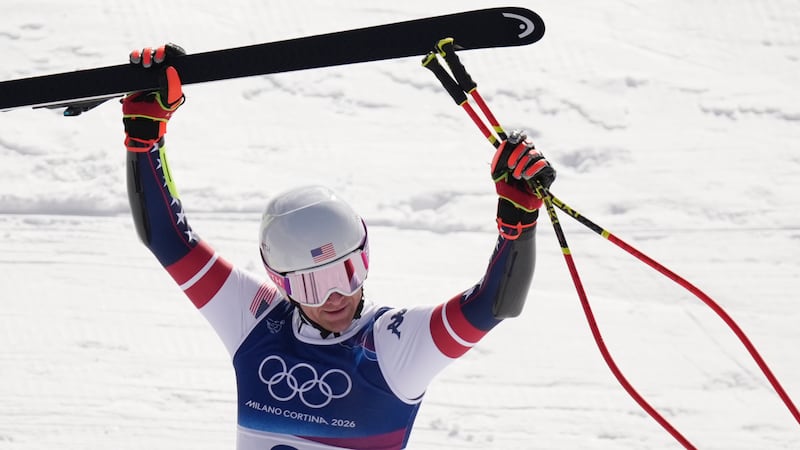 United States' Ryan Cochran Siegle celebrates at the finish area of an alpine ski, men's...