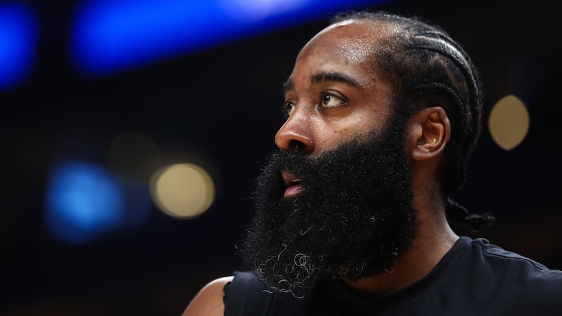 FILE -- Cleveland Cavaliers guard James Harden reacts during warm-ups before the start of an...