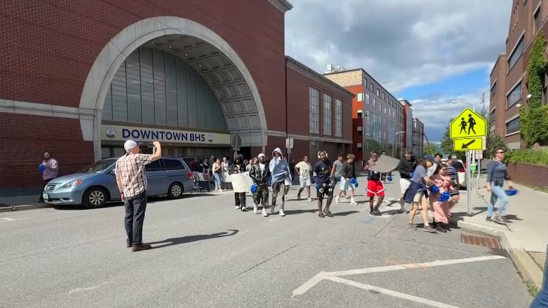 Burlington High School students walked out of their department store-turned-school for the...
